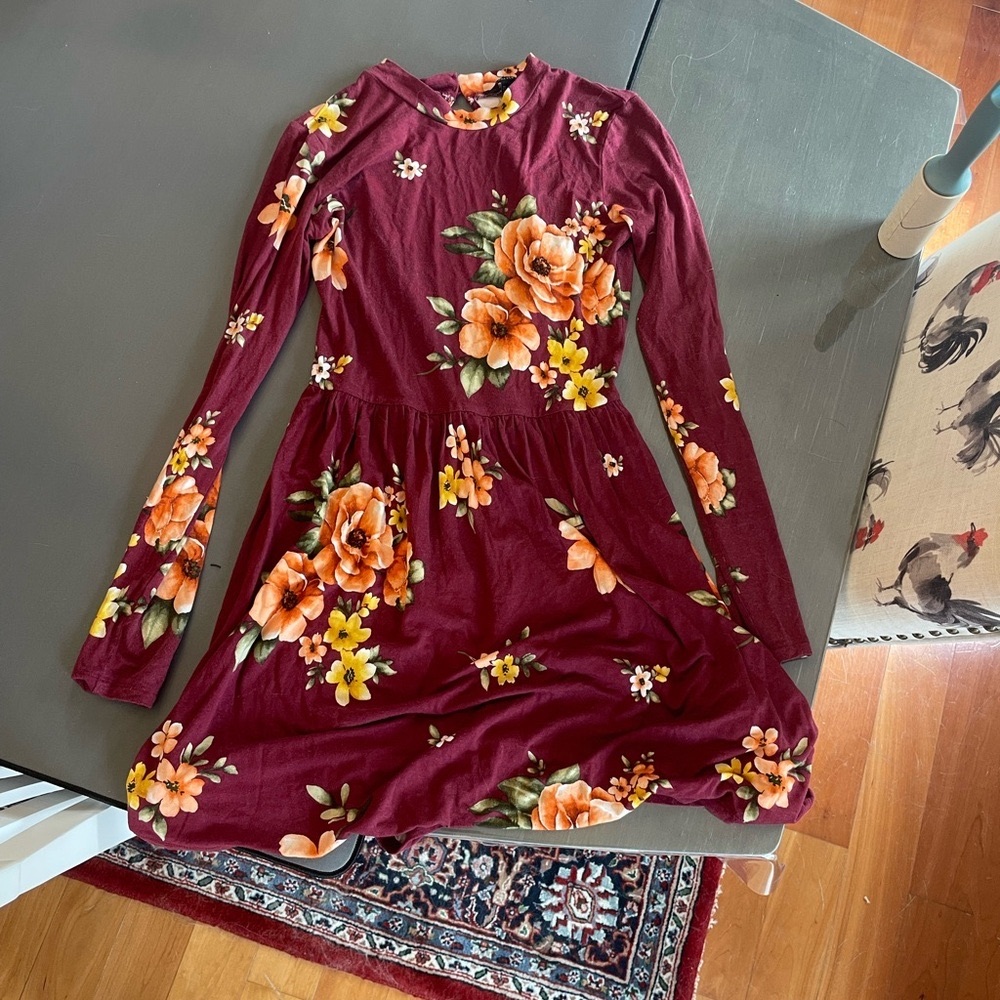 Forever 21 Burgundy Floral Long Sleeve Dress